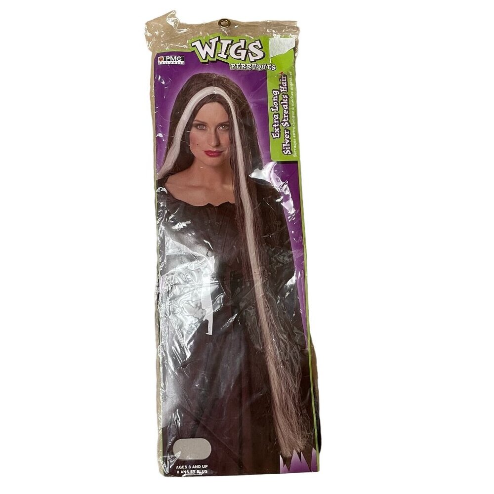 PMG Halloween Costume Wig Womens OS Black Extra Long Silver Streaks Hair